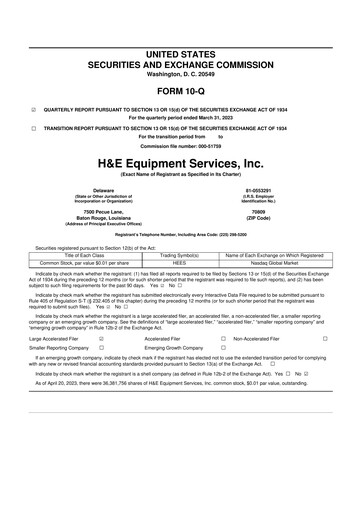 Thumbnail H&E Equipment Services 10-Q Quarterly Report FY 