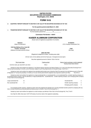 Thumbnail Kaiser Aluminum
 10-Q Quarterly Report FY2023 