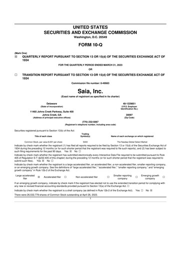 Thumbnail Saia
 10-Q Quarterly Report FY2023 