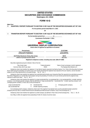 Miniature Universal Display Corporation
 10-Q Rapport trimestriel 2023 