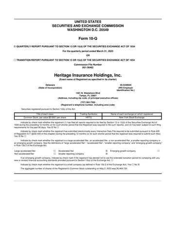Miniature Heritage Insurance 10-Q Rapport trimestriel 2023 