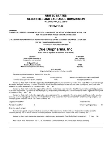 Miniature Cue Biopharma 10-Q Rapport trimestriel 2023 