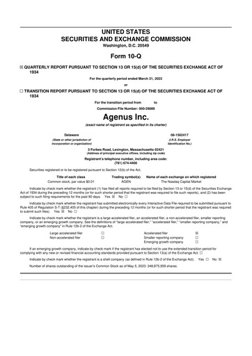 Thumbnail Agenus
 10-Q Quarterly Report FY2023 