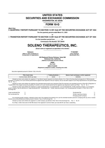 Miniature Soleno Therapeutics 10-Q Rapport trimestriel 2023 