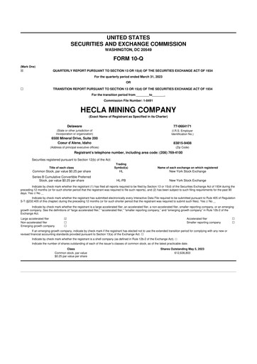 Miniature Hecla Mining
 10-Q Rapport trimestriel 2023 
