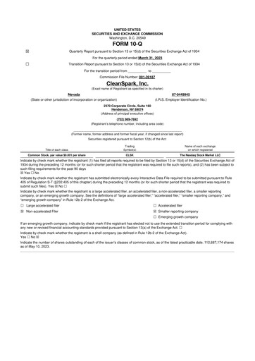 Miniature CleanSpark 10-Q Rapport trimestriel 2023 
