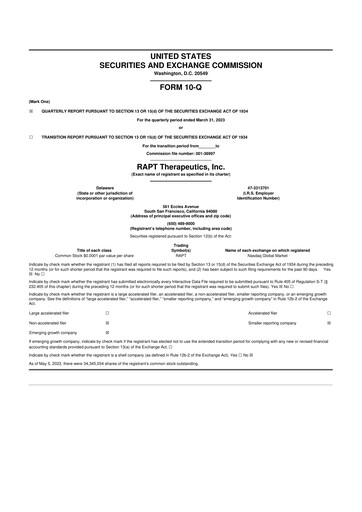 Thumbnail RAPT Therapeutics 10-Q Quarterly Report FY2023 