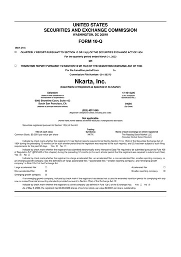 Miniature Nkarta 10-Q Rapport trimestriel 2023 