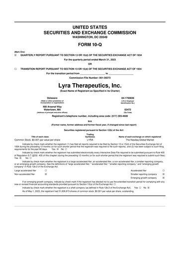 Miniature Lyra Therapeutics 10-Q Rapport trimestriel 2023 