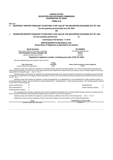 Thumbnail Martin Marietta Materials 10-Q Quarterly Report FY2023 