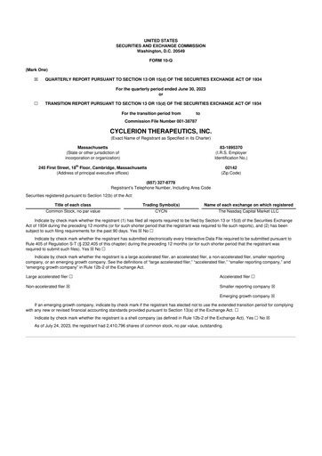 Miniature Cyclerion Therapeutics
 10-Q Rapport trimestriel 2023 