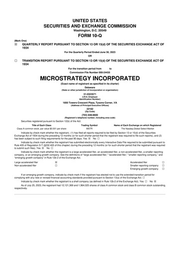 Miniature Strategy 
 (MicroStrategy) 10-Q Rapport trimestriel 2023 
