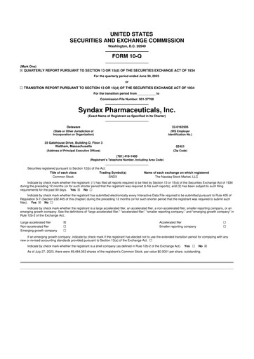 Thumbnail Syndax Pharmaceuticals 10-Q Quarterly Report FY2023 