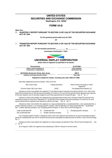 Miniature Universal Display Corporation
 10-Q Rapport trimestriel 2023 