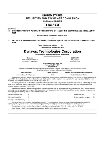 Thumbnail Dynavax Technologies
 10-Q Quarterly Report FY2023 