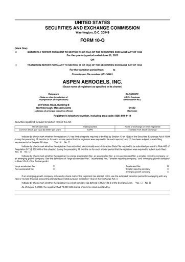 Vorschaubild Aspen Aerogels 10-Q Quartalsbericht 2023 