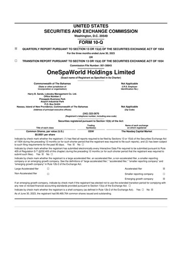 Thumbnail OneSpaWorld 10-Q Quarterly Report FY2023 