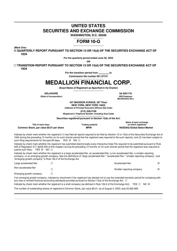 Thumbnail Medallion Financial Corp. 10-Q Quarterly Report FY2023 