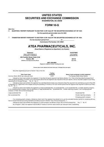 Miniature Atea Pharmaceuticals 10-Q Rapport trimestriel 2023 