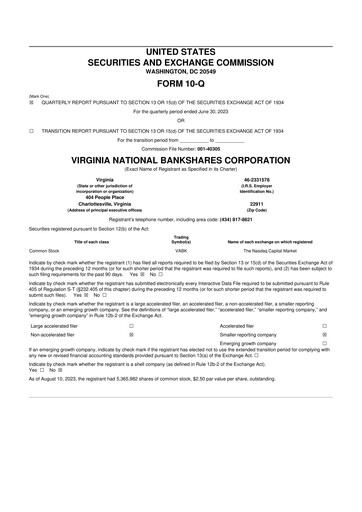 Vorschaubild Virginia National Bankshares 10-Q Quartalsbericht 2023 