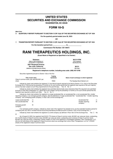 Miniature Rani Therapeutics 10-Q Rapport trimestriel 2023 