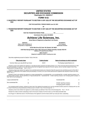 Thumbnail Achieve Life Sciences
 10-Q Quarterly Report FY2023 