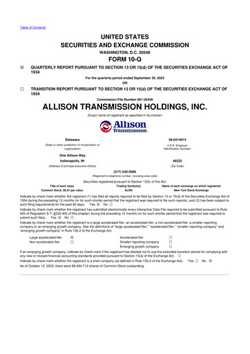 Vorschaubild Allison Transmission
 10-Q Quartalsbericht 2023 