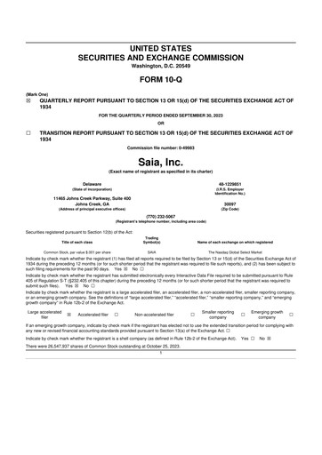 Thumbnail Saia
 10-Q Quarterly Report FY2023 