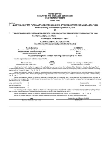 Thumbnail Martin Marietta Materials 10-Q Quarterly Report FY2023 