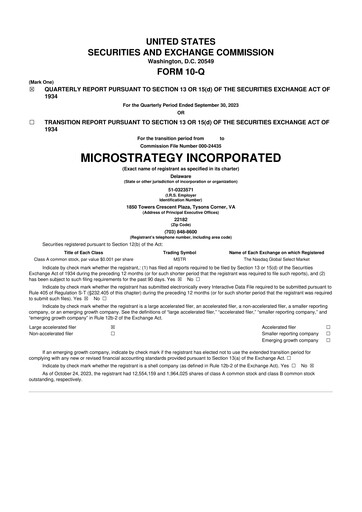 Miniature Strategy 
 (MicroStrategy) 10-Q Rapport trimestriel 2023 