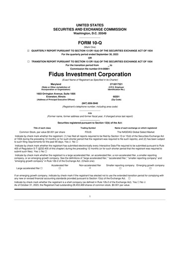 Miniature Fidus Investment Corporation 10-Q Rapport trimestriel 2023 