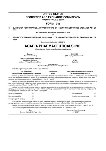Thumbnail ACADIA Pharmaceuticals 10-Q Quarterly Report FY2023 