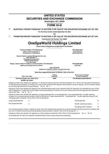 Thumbnail OneSpaWorld 10-Q Quarterly Report FY2023 