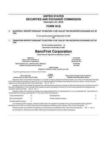 Thumbnail BancFirst 10-Q Quarterly Report FY 