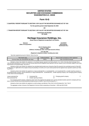 Miniature Heritage Insurance 10-Q Rapport trimestriel 2023 