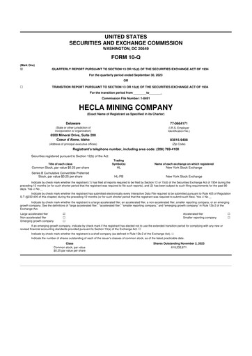 Miniature Hecla Mining
 10-Q Rapport trimestriel 2023 