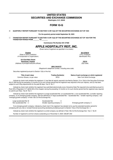 Thumbnail Apple Hospitality REIT
 10-Q Quarterly Report FY2023 