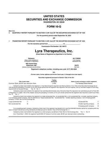 Miniature Lyra Therapeutics 10-Q Rapport trimestriel 2023 