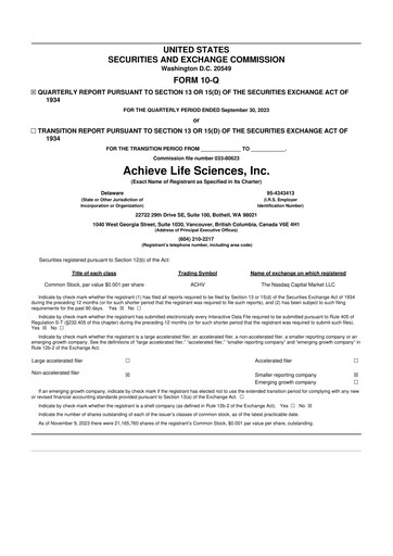 Thumbnail Achieve Life Sciences
 10-Q Quarterly Report FY2023 