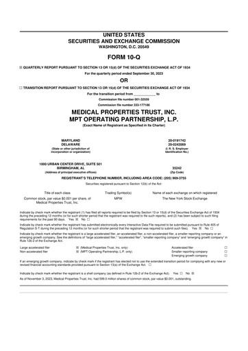 Thumbnail Medical Properties Trust
 10-Q Quarterly Report FY 