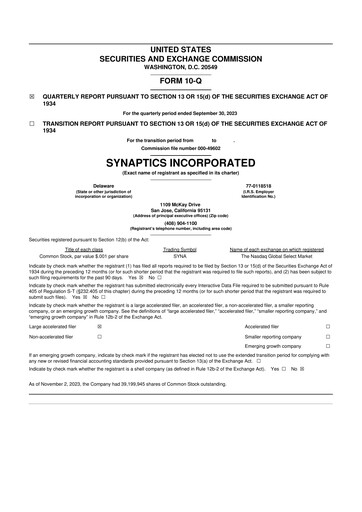 Thumbnail Synaptics 10-Q Quarterly Report FY2023 