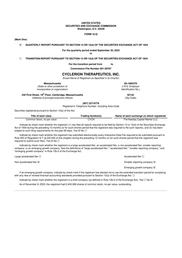 Miniature Cyclerion Therapeutics
 10-Q Rapport trimestriel 2023 