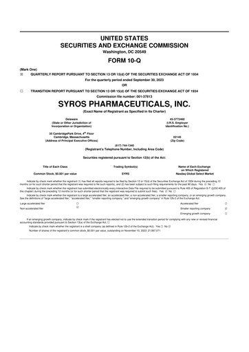 Vorschaubild Syros Pharmaceuticals
 10-Q Quartalsbericht 2023 