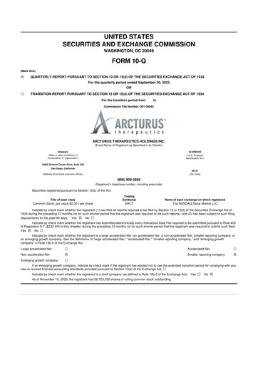 Thumbnail Arcturus Therapeutics
 10-Q Quarterly Report FY2023 