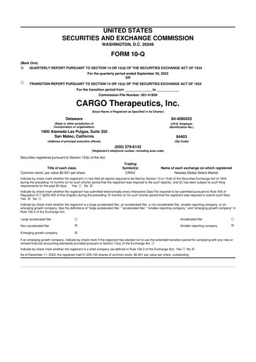 Vorschaubild CARGO Therapeutics 10-Q Quartalsbericht 2023 