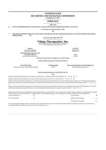 Thumbnail Viking Therapeutics
 10-K Annual Report 2023