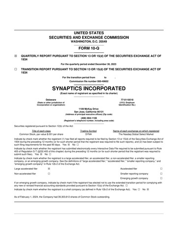 Thumbnail Synaptics 10-Q Quarterly Report FY2024 