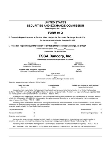 Thumbnail ESSA Bancorp 10-Q Quarterly Report FY2023 