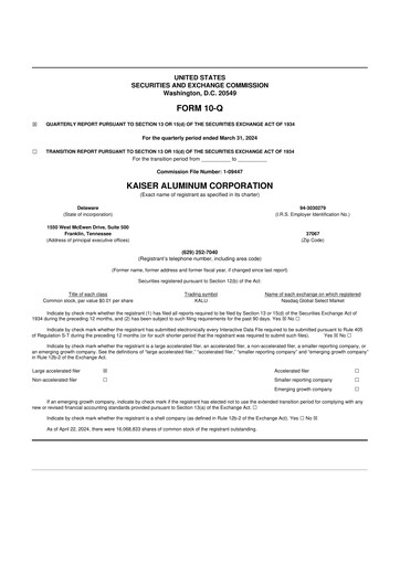Thumbnail Kaiser Aluminum
 10-Q Quarterly Report FY2024 