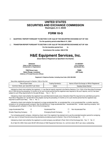 Thumbnail H&E Equipment Services 10-Q Quarterly Report FY 